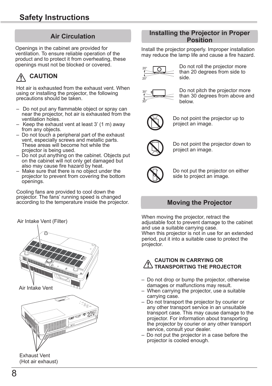 Air circulation, Installing the projector in proper position, Moving the projector | Installing the projector in proper position 8, Safety instructions | Canon LV-7392A User Manual | Page 8 / 84