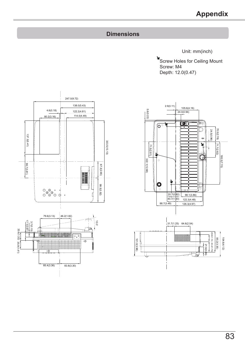 Dimensions, Appendix | Canon LV-7392A User Manual | Page 83 / 84