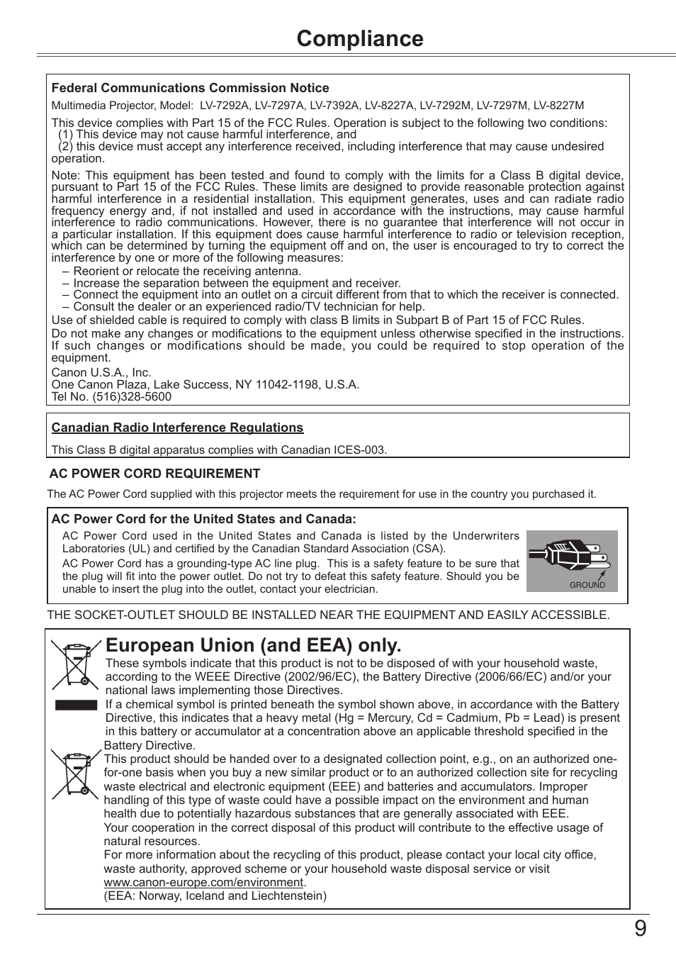 Compliance, 9compliance, Safety instructions | European union (and eea) only | Canon LV-7392A User Manual | Page 9 / 84