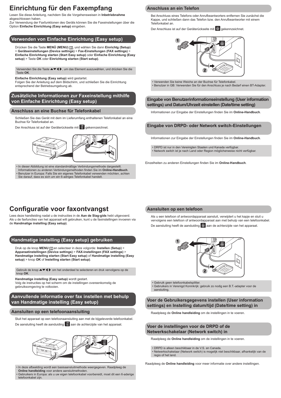 Configuratie voor faxontvangst, Einrichtung für den faxempfang | Canon PIXMA MX725 User Manual | Page 2 / 4
