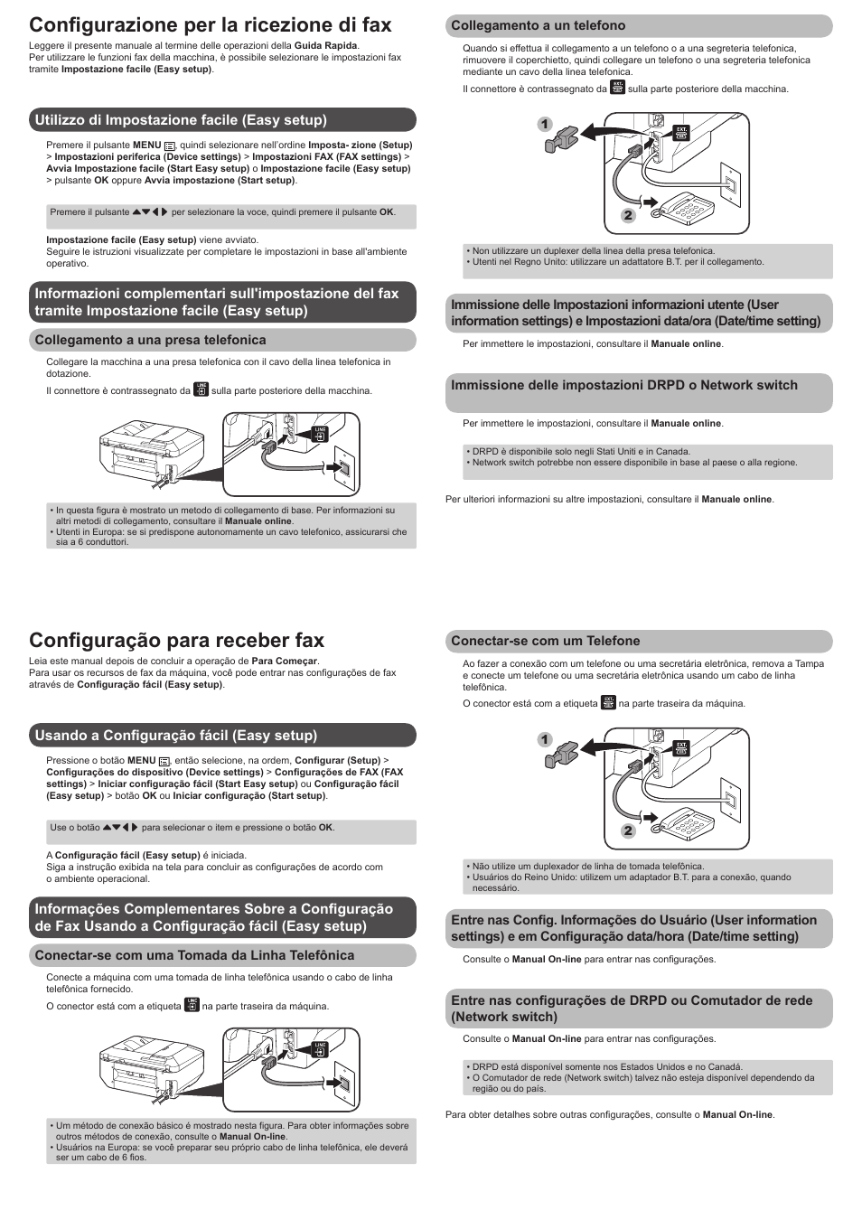 Configuração para receber fax, Configurazione per la ricezione di fax | Canon PIXMA MX725 User Manual | Page 3 / 4