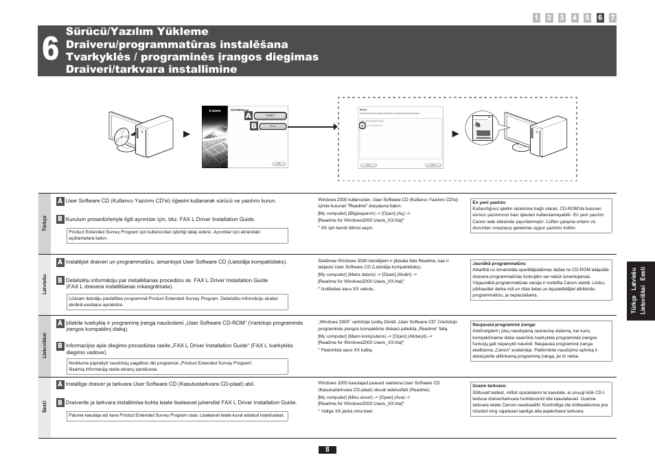 6 "sürücü/yazılım yükleme" (s .8), Draiveru/programmatūras instalēšana" (lpp .8), 6 "draiveri/tarkvara installimine" (p .8) | Canon i-SENSYS FAX-L170 User Manual | Page 55 / 248