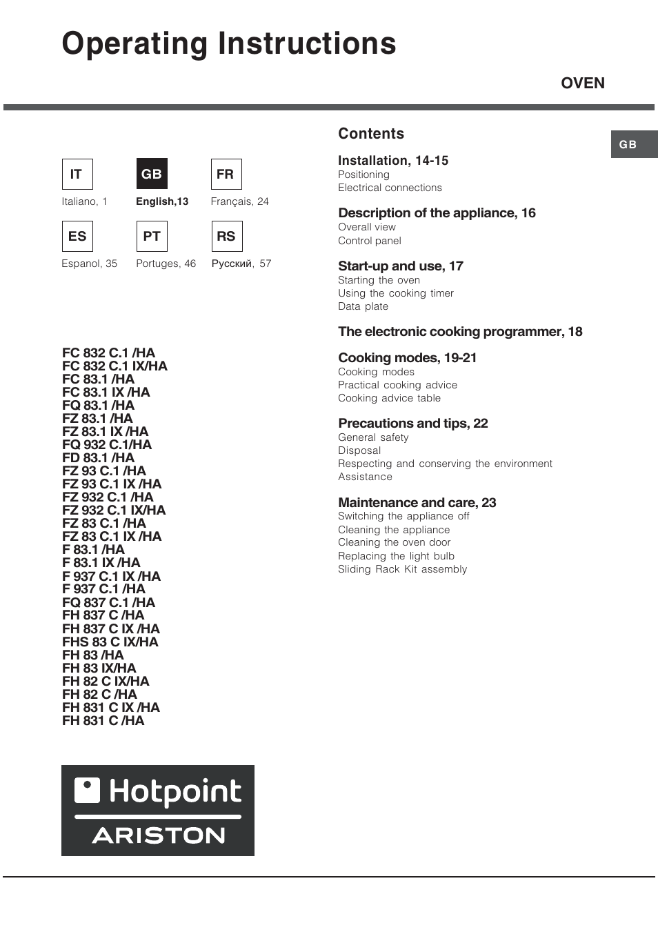 Hotpoint Ariston Style FH 82 C IX-HA User Manual | Page 13 / 68
