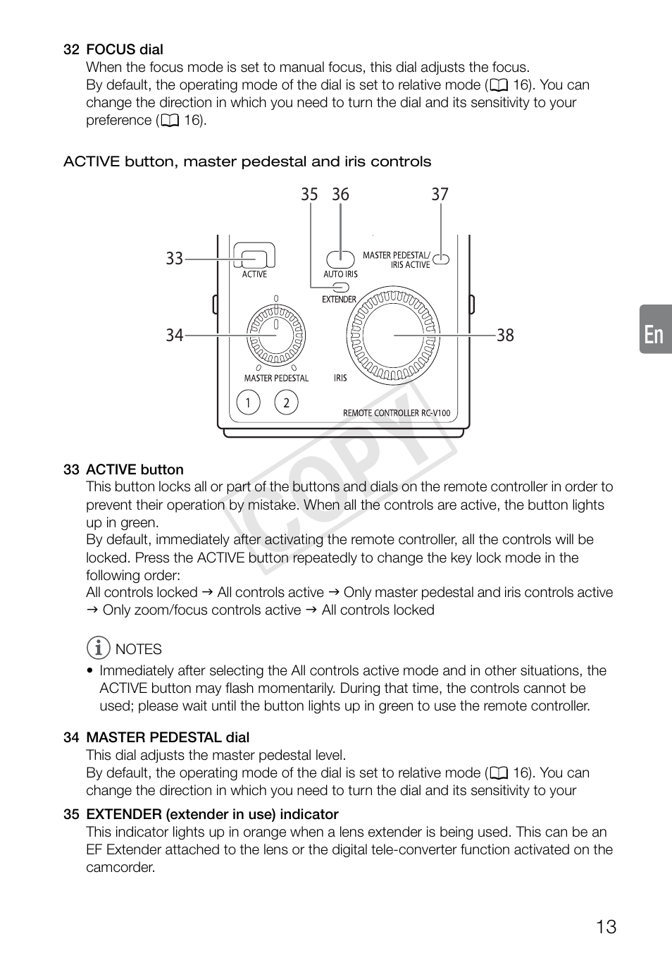 Active button, master pedestal and iris controls, Cop y | Canon RC-V100 User Manual | Page 13 / 23