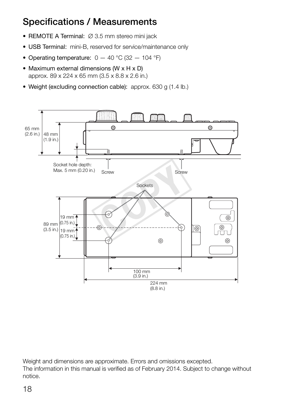 Specifications / measurements, Cop y | Canon RC-V100 User Manual | Page 18 / 23