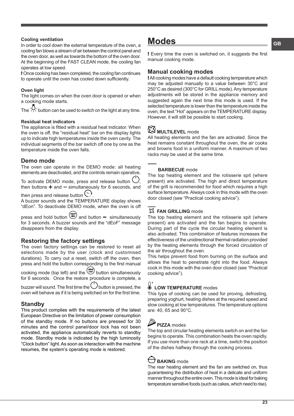 Modes, Demo mode, Restoring the factory settings | Standby, Manual cooking modes | Hotpoint Ariston Style FH 1039 P IX-HA S User Manual | Page 23 / 60