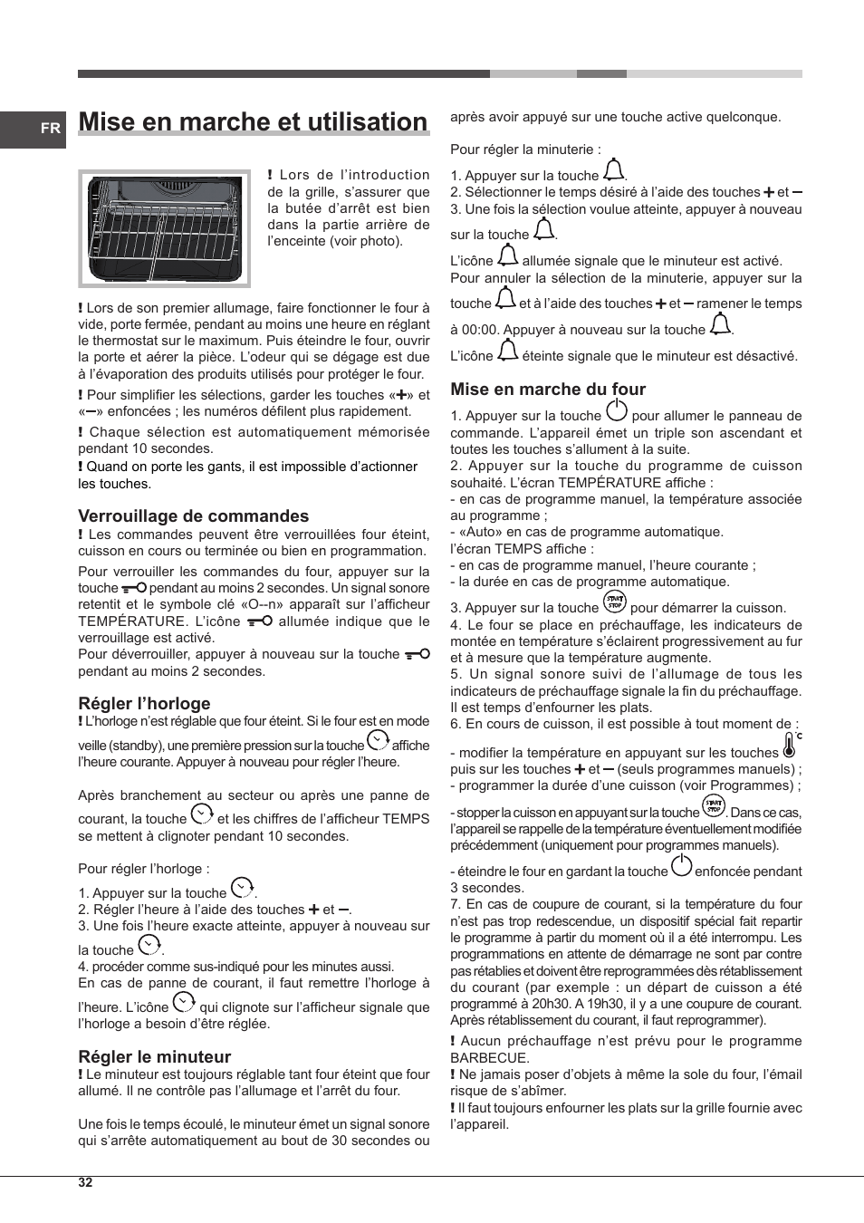 Mise en marche et utilisation, Verrouillage de commandes, Régler l’horloge | Régler le minuteur, Mise en marche du four | Hotpoint Ariston Style FH 1039 P IX-HA S User Manual | Page 32 / 60