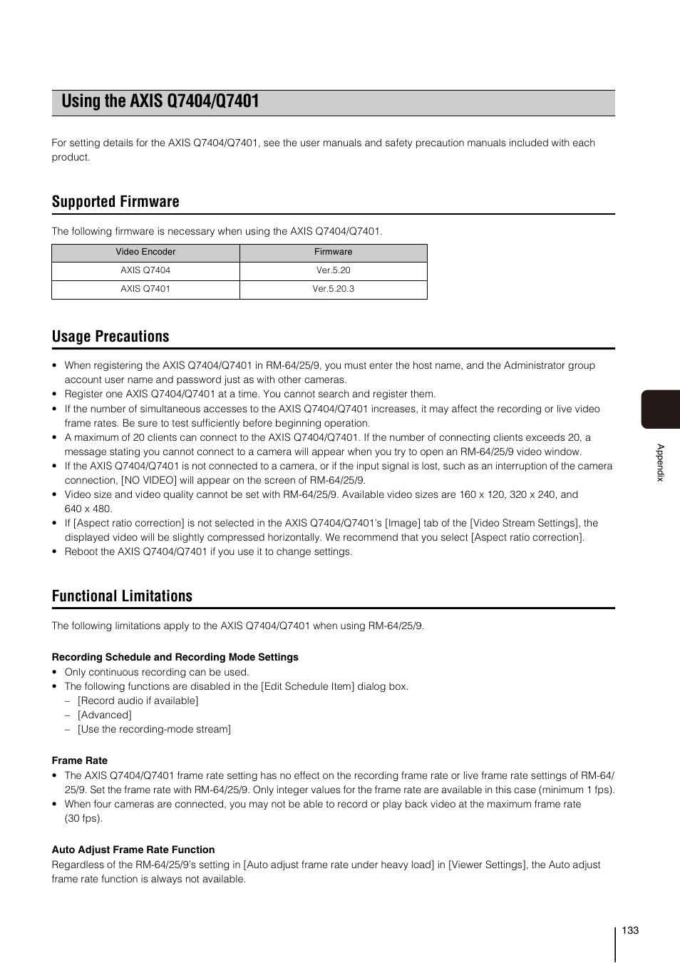 Using the axis q7404/q7401, Supported firmware, Usage precautions | Functional limitations | Canon VB-M700F User Manual | Page 133 / 138