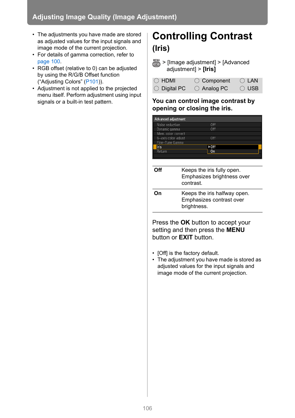 Controlling contrast (iris), P106, Controlling contrast | Iris), Adjusting image quality (image adjustment) | Canon XEED WUX450 User Manual | Page 106 / 314