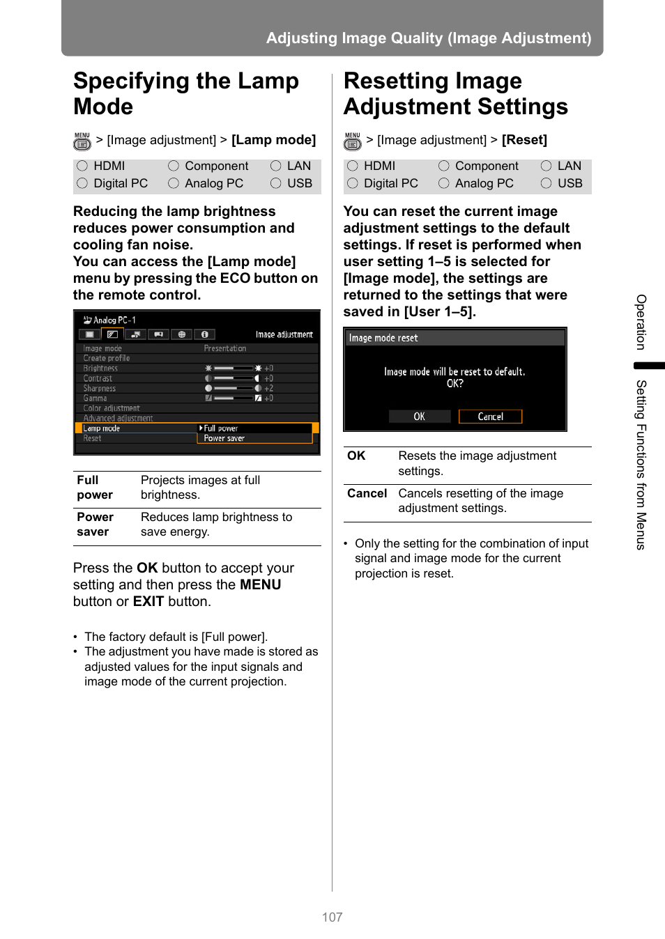 Specifying the lamp mode, Resetting image adjustment settings, P107 | Canon XEED WUX450 User Manual | Page 107 / 314