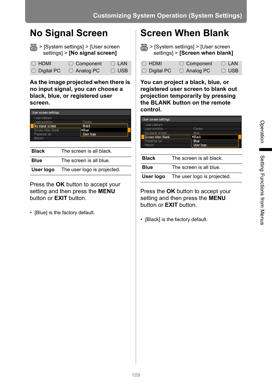 No signal screen, Screen when blank, Customizing system operation (system settings) | Canon XEED WUX450 User Manual | Page 109 / 314