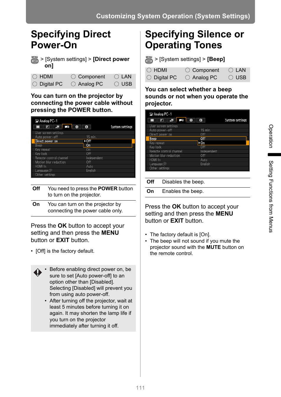 Specifying direct power-on, Specifying silence or operating tones, The power cord | P111 | Canon XEED WUX450 User Manual | Page 111 / 314