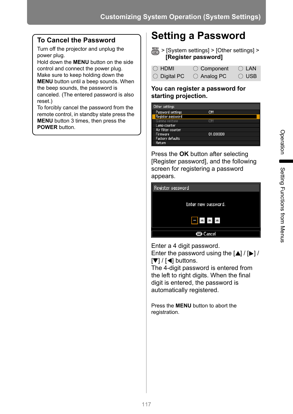 Setting a password, P117 | Canon XEED WUX450 User Manual | Page 117 / 314