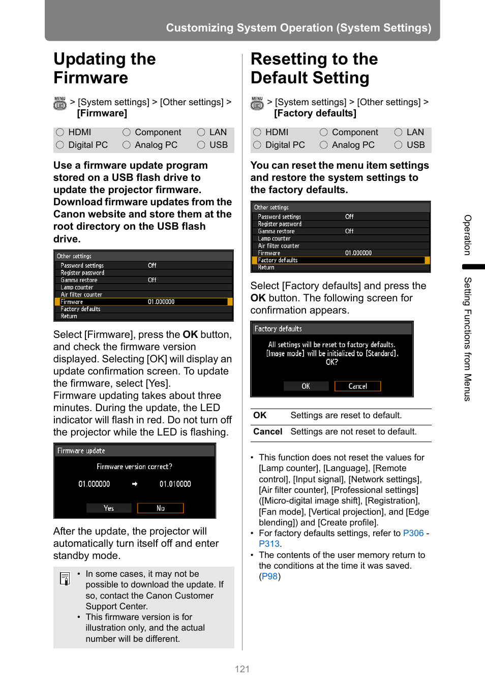 Updating the firmware, Resetting to the default setting, P121 | Canon XEED WUX450 User Manual | Page 121 / 314