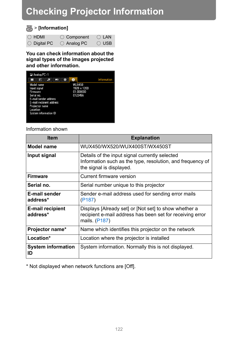 Checking projector information | Canon XEED WUX450 User Manual | Page 122 / 314
