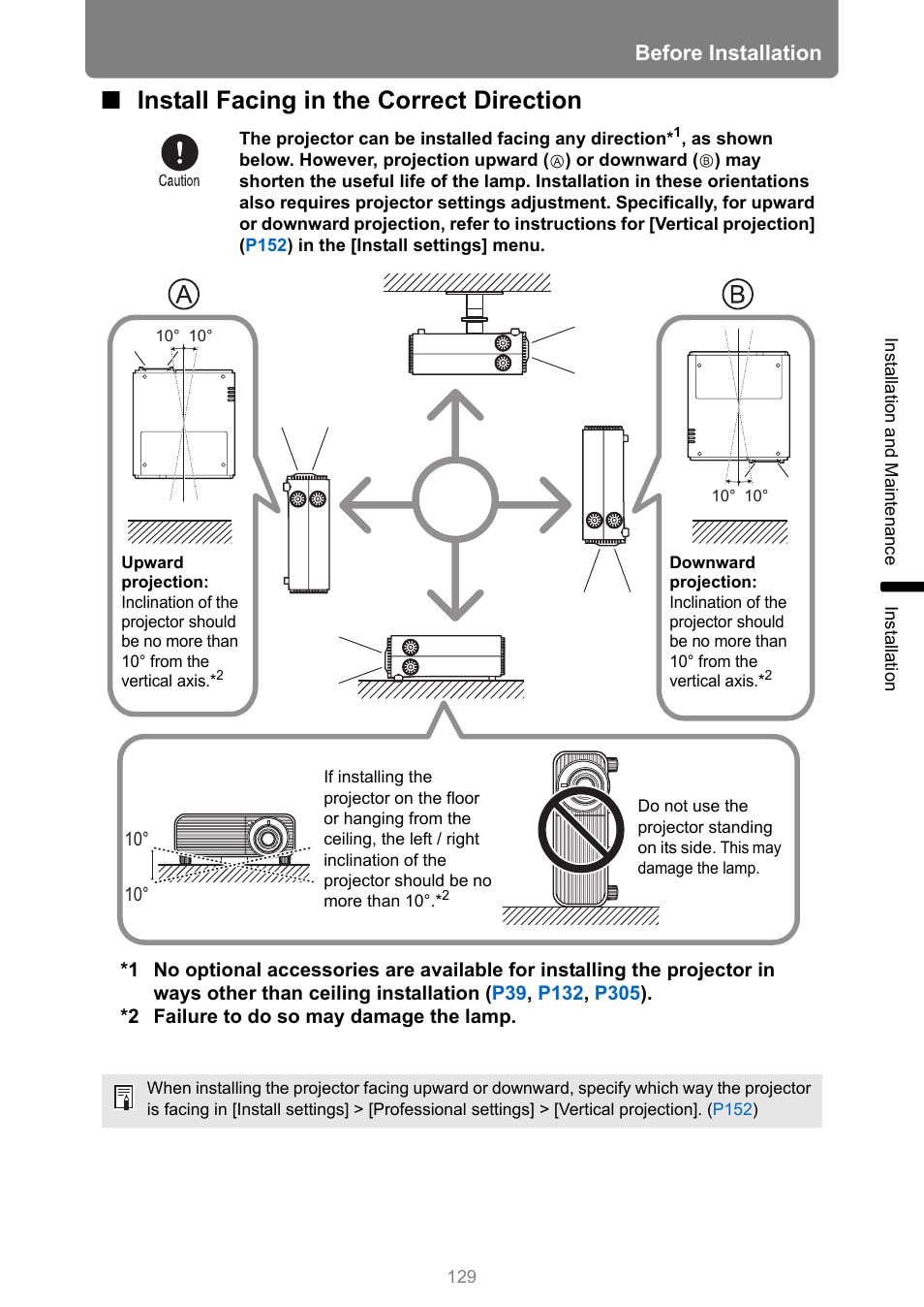 Install facing in the correct direction, Before installation | Canon XEED WUX450 User Manual | Page 129 / 314