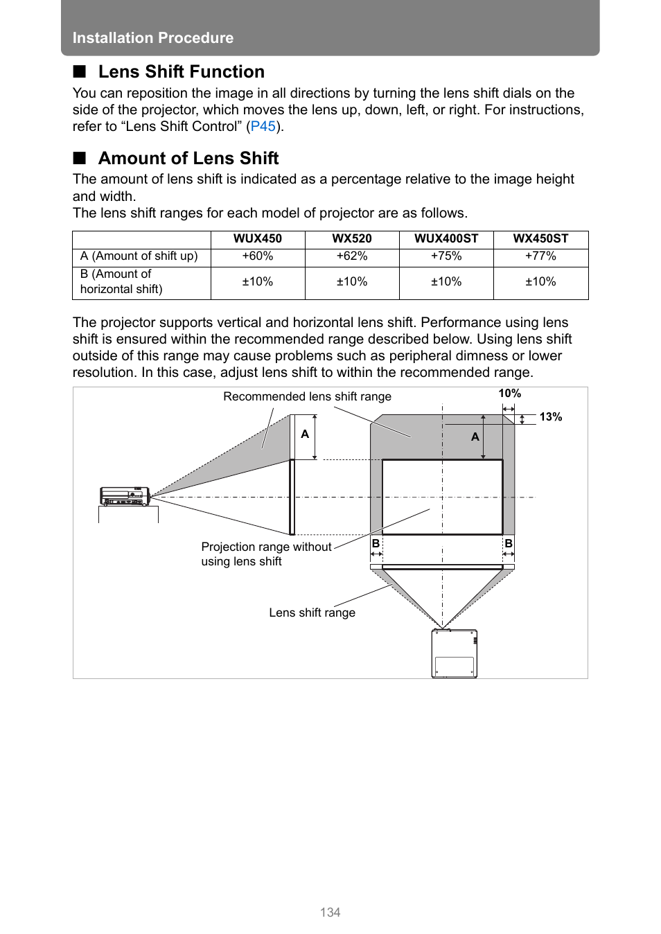 Lens shift function, Amount of lens shift, P134 | R to “lens shift function, Fer to “lens shift function, Installation procedure | Canon XEED WUX450 User Manual | Page 134 / 314