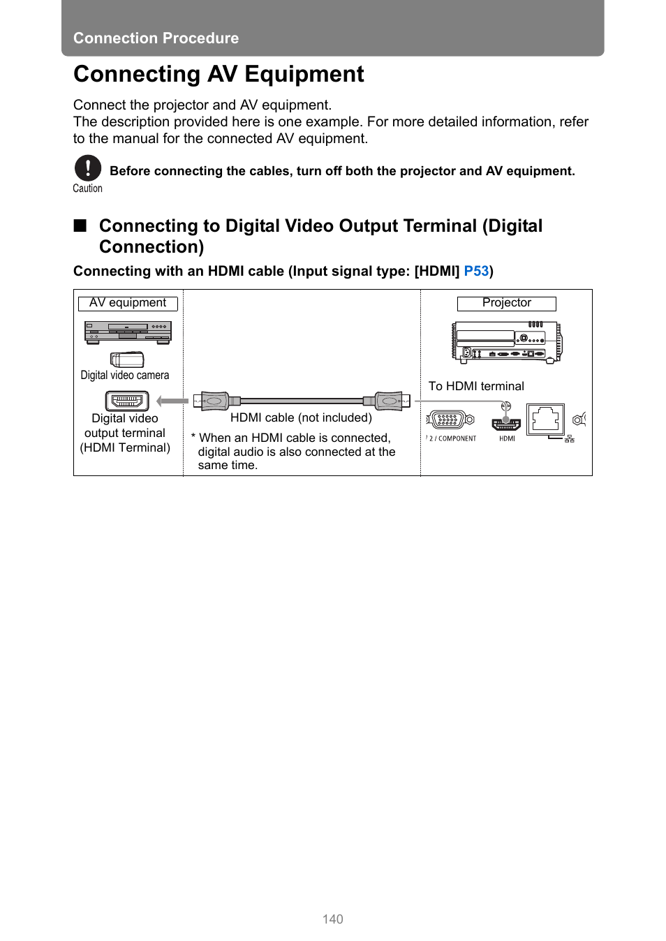 Connecting av equipment, P140, V equipment | Canon XEED WUX450 User Manual | Page 140 / 314