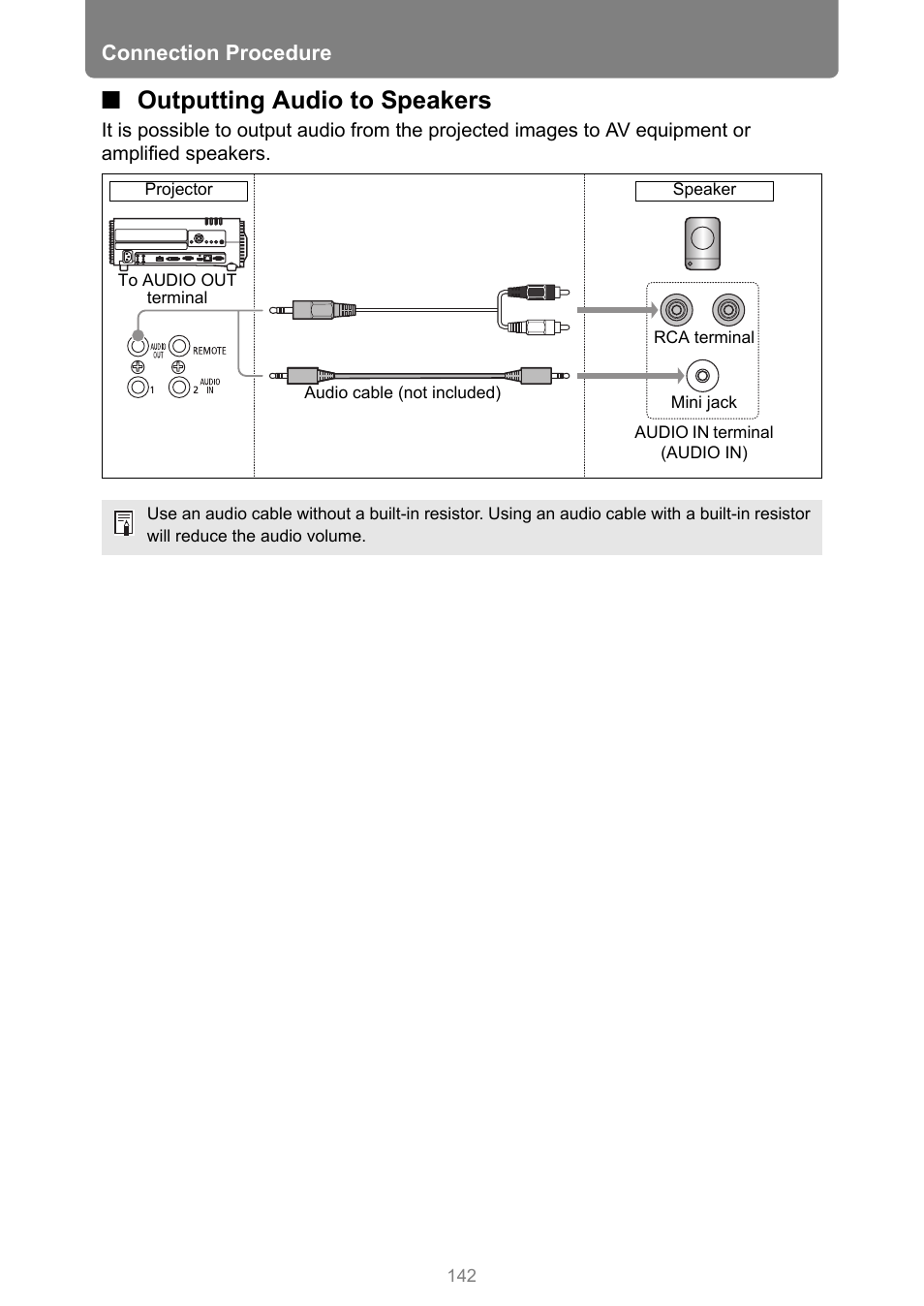 Outputting audio to speakers, P142, Connection procedure | Canon XEED WUX450 User Manual | Page 142 / 314