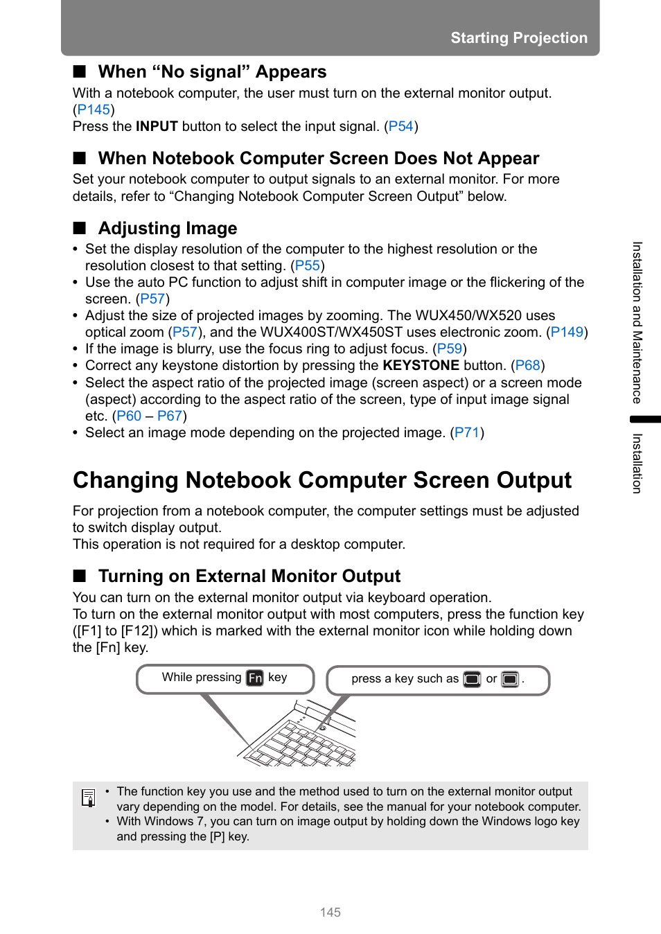 When “no signal” appears, When notebook computer screen does not appear, Adjusting image | Changing notebook computer screen output, Turning on external monitor output | Canon XEED WUX450 User Manual | Page 145 / 314