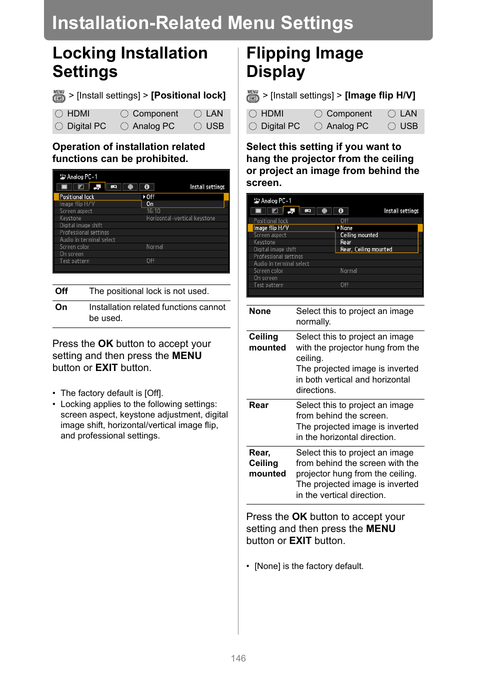 Installation-related menu settings, Locking installation settings, Flipping image display | P146, Screen aspect | Canon XEED WUX450 User Manual | Page 146 / 314