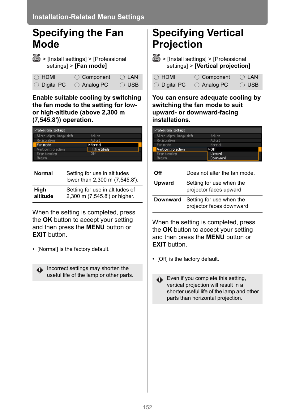 Specifying the fan mode, Specifying vertical projection, P152 | Canon XEED WUX450 User Manual | Page 152 / 314