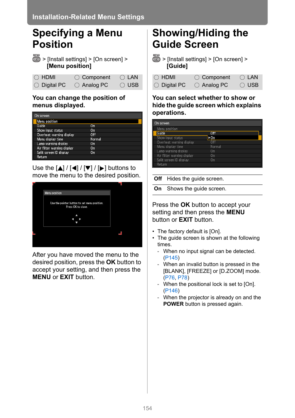 Specifying a menu position, Showing/hiding the guide screen, P154 | Sition | Canon XEED WUX450 User Manual | Page 154 / 314
