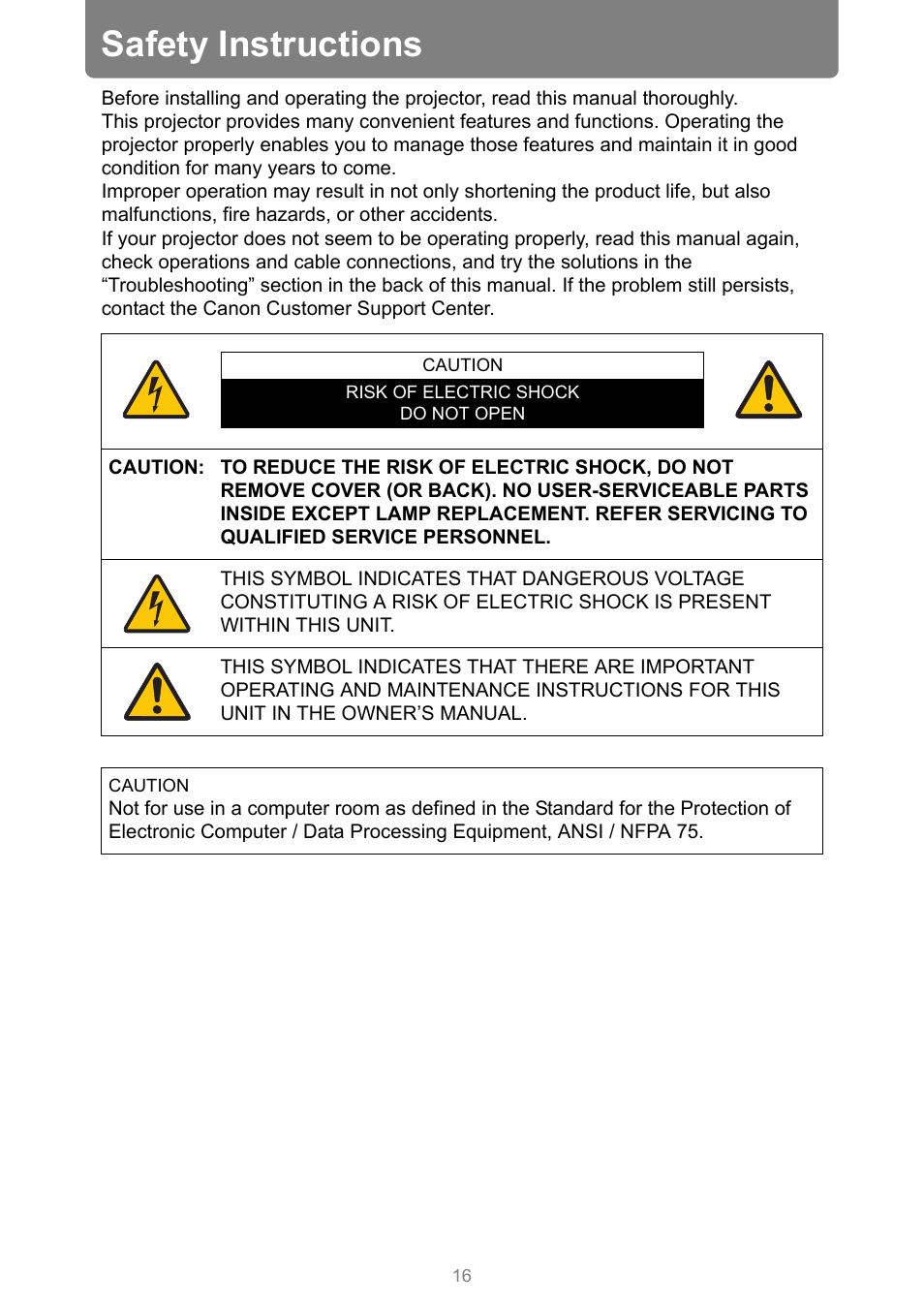 Safety instructions | Canon XEED WUX450 User Manual | Page 16 / 314