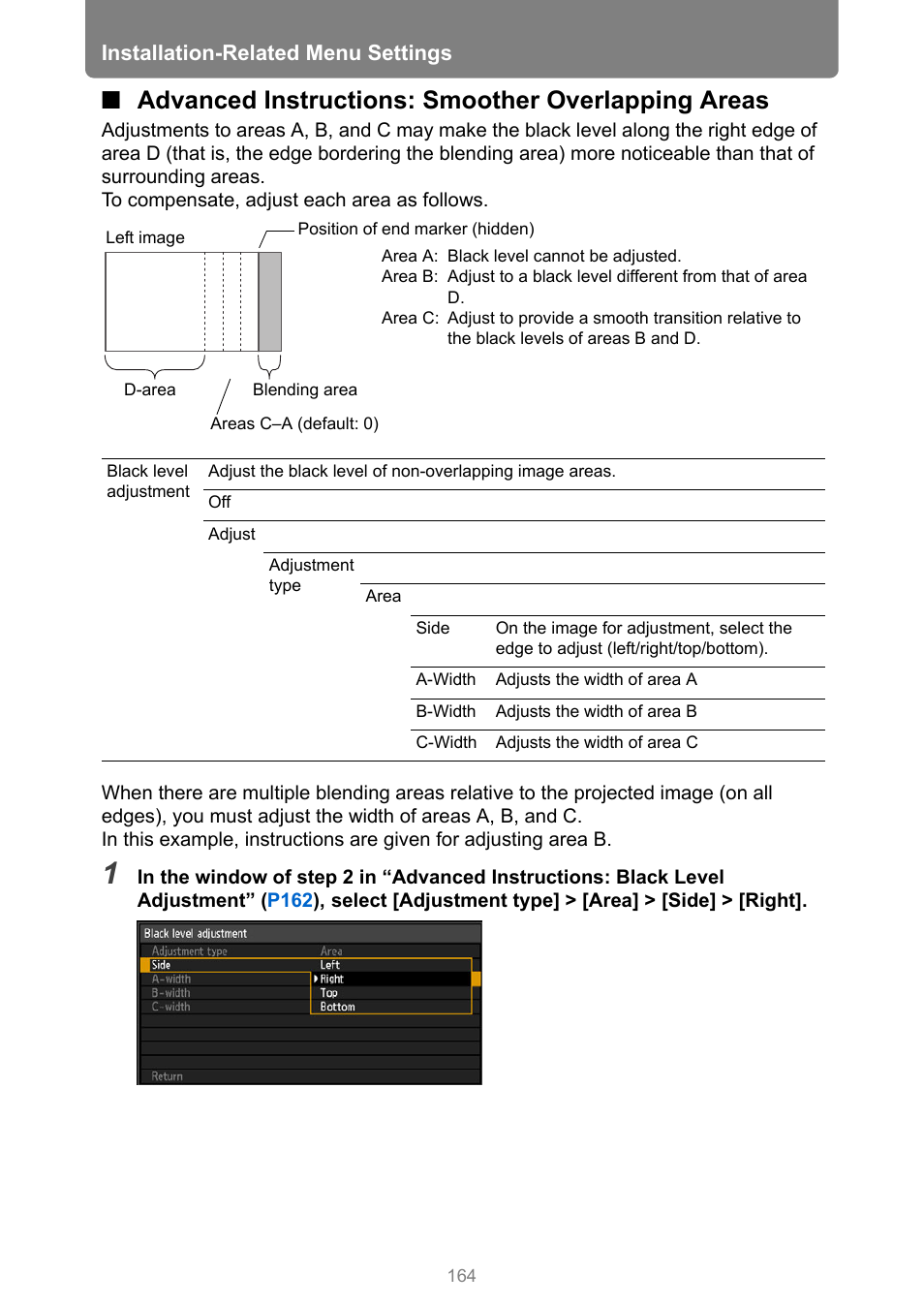 Advanced instructions: smoother overlapping areas, Installation-related menu settings | Canon XEED WUX450 User Manual | Page 164 / 314