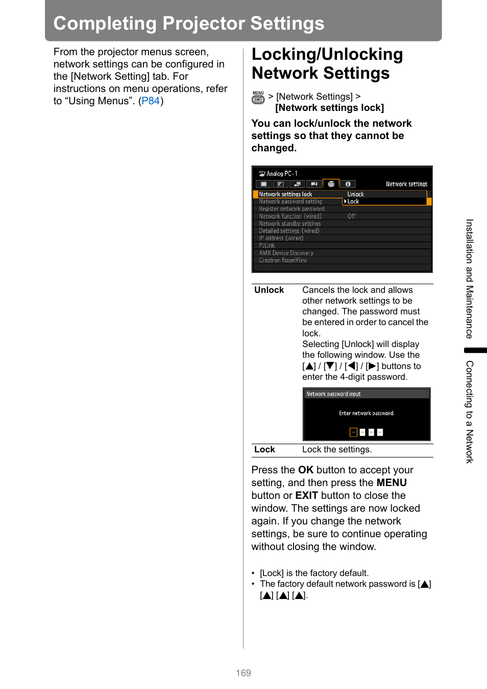 Completing projector settings, Locking/unlocking network settings, P169 | Canon XEED WUX450 User Manual | Page 169 / 314