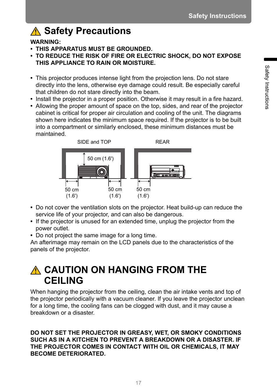 Safety precautions, Caution on hanging from the ceiling | Canon XEED WUX450 User Manual | Page 17 / 314