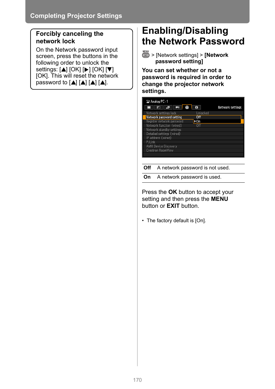 Enabling/disabling the network password | Canon XEED WUX450 User Manual | Page 170 / 314