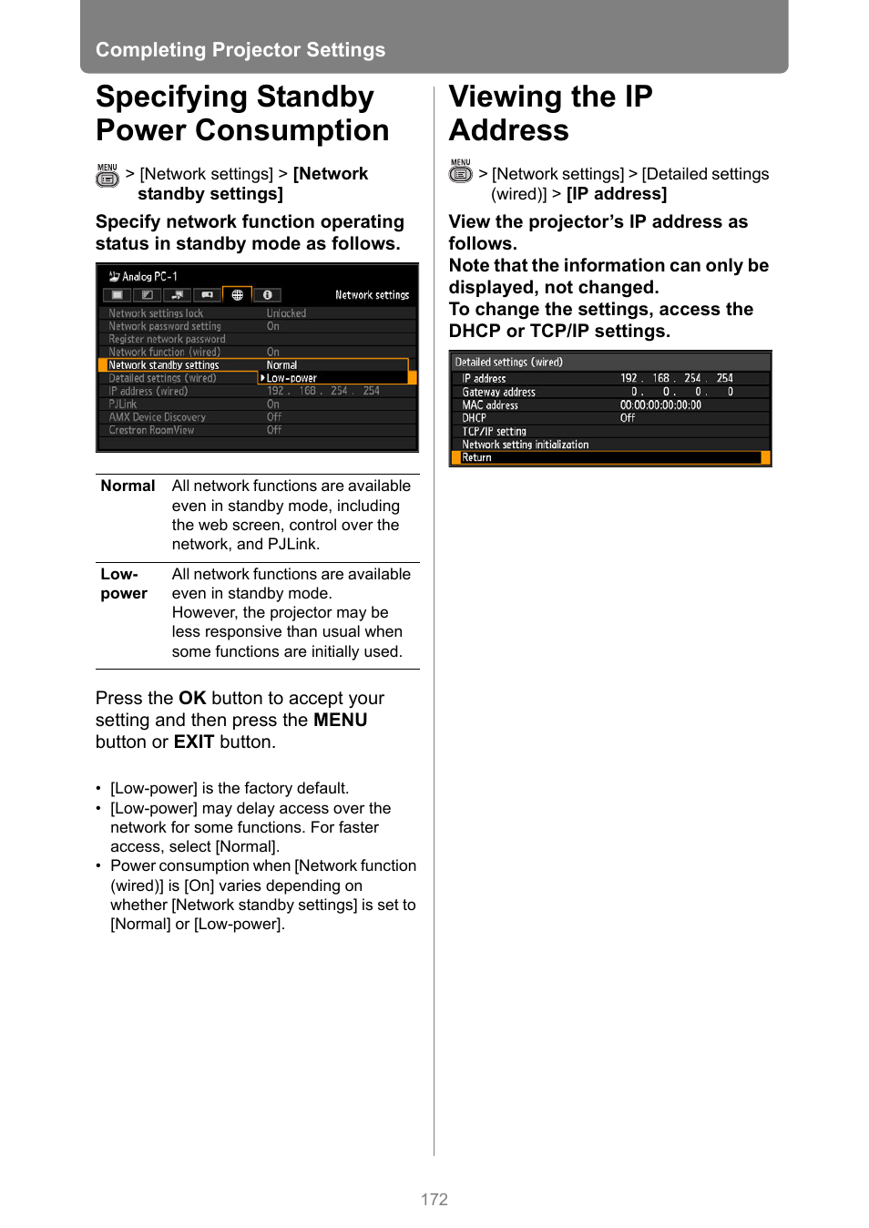 Specifying standby power consumption, Viewing the ip address, Ttings | P172 | Canon XEED WUX450 User Manual | Page 172 / 314