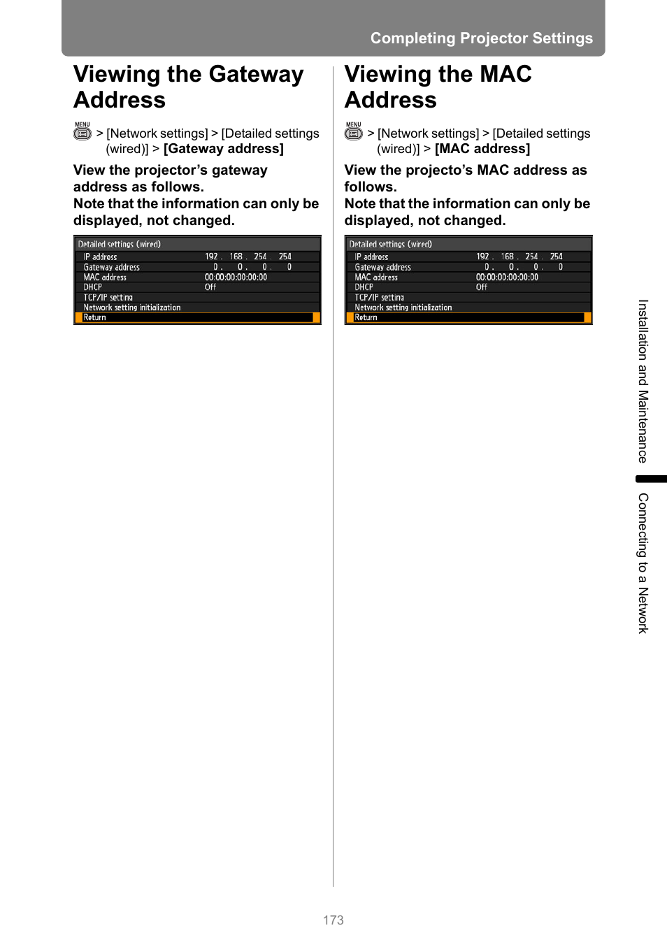 Viewing the gateway address, Viewing the mac address | Canon XEED WUX450 User Manual | Page 173 / 314