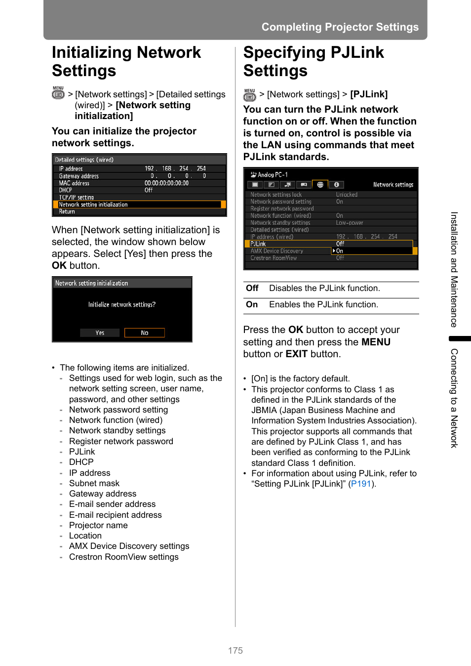 Initializing network settings, Specifying pjlink settings, P175 | Completing projector settings | Canon XEED WUX450 User Manual | Page 175 / 314
