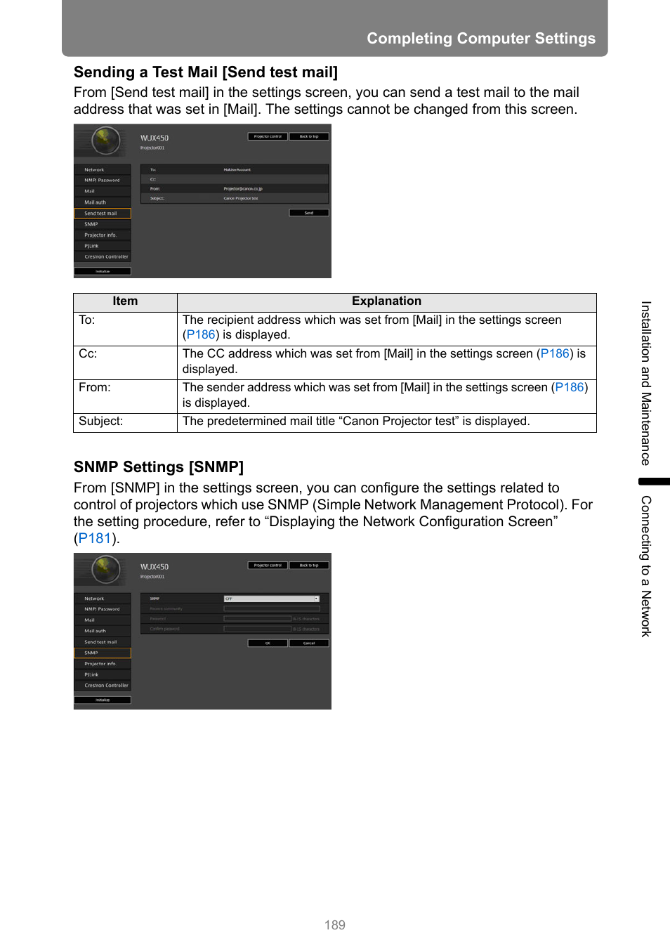 Completing computer settings, Sending a test mail [send test mail, Snmp settings [snmp | Canon XEED WUX450 User Manual | Page 189 / 314