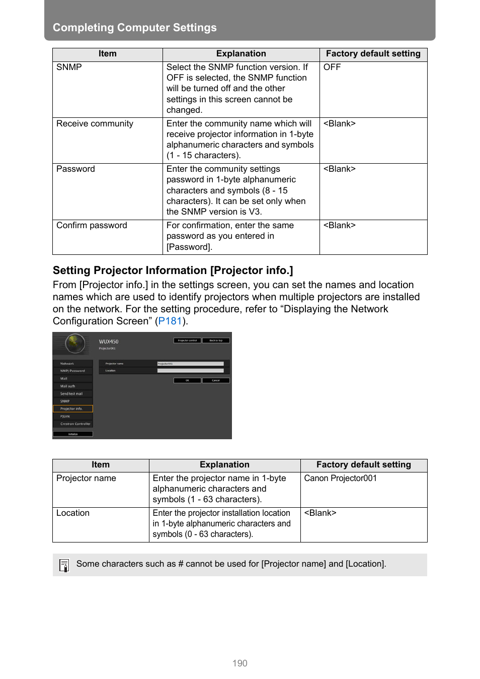 Completing computer settings, Setting projector information [projector info | Canon XEED WUX450 User Manual | Page 190 / 314