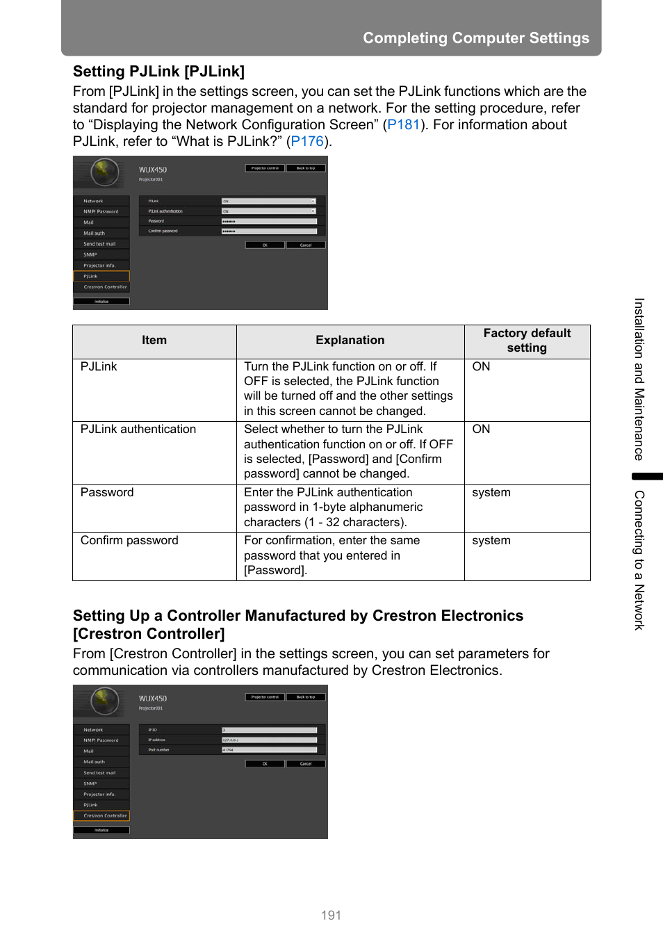 Completing computer settings, Setting pjlink [pjlink | Canon XEED WUX450 User Manual | Page 191 / 314