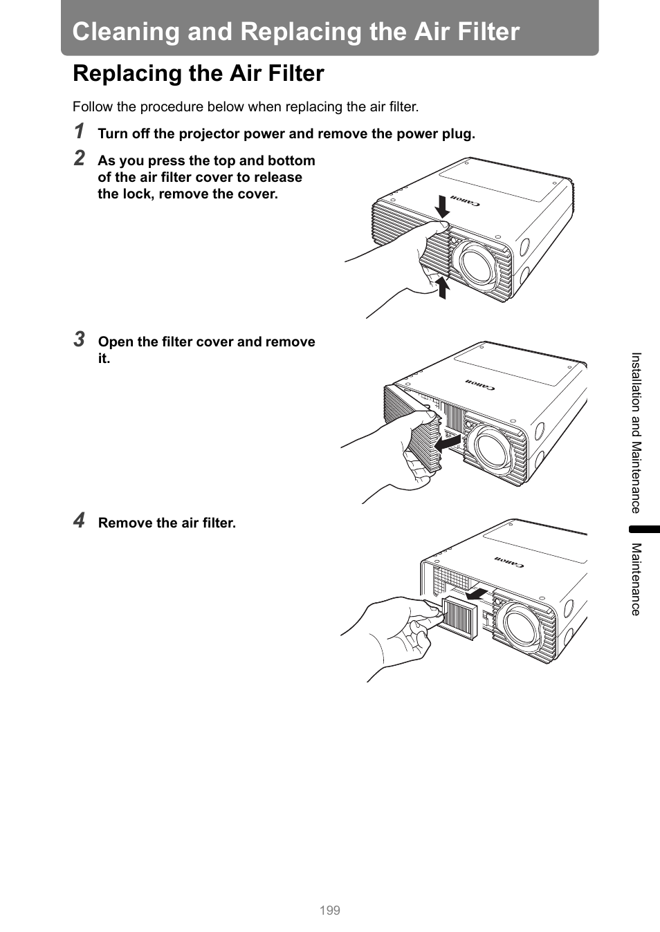 Cleaning and replacing the air filter, Replacing the air filter, Lter | P199, Refer to | Canon XEED WUX450 User Manual | Page 199 / 314
