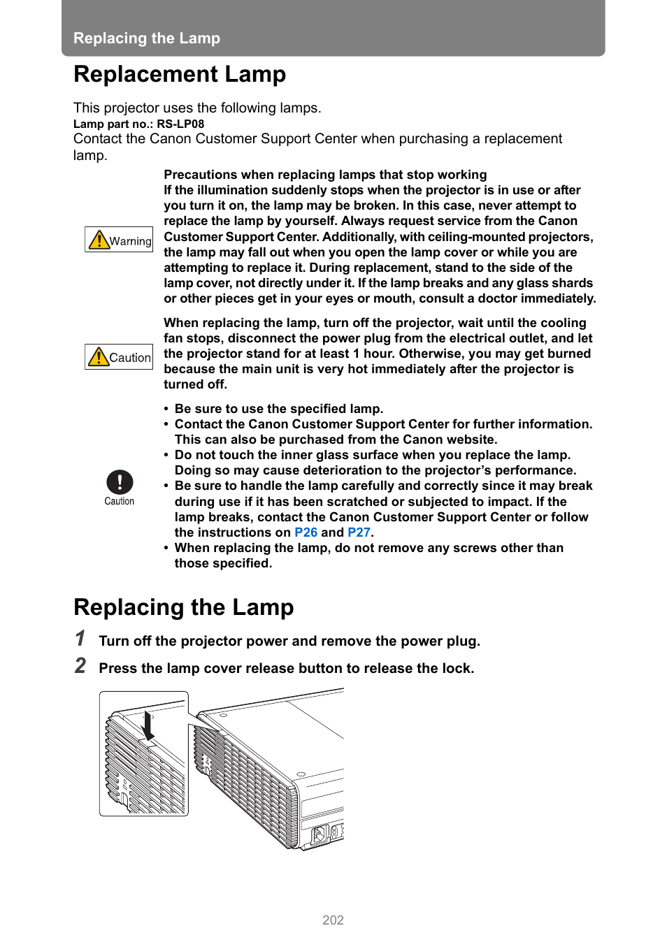 Replacement lamp, Replacing the lamp, P202 | Canon XEED WUX450 User Manual | Page 202 / 314