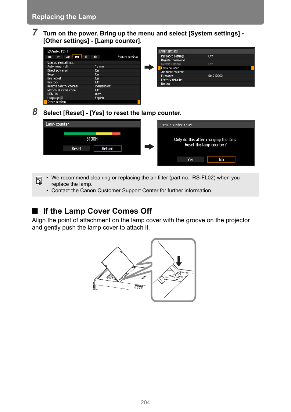If the lamp cover comes off | Canon XEED WUX450 User Manual | Page 204 / 314