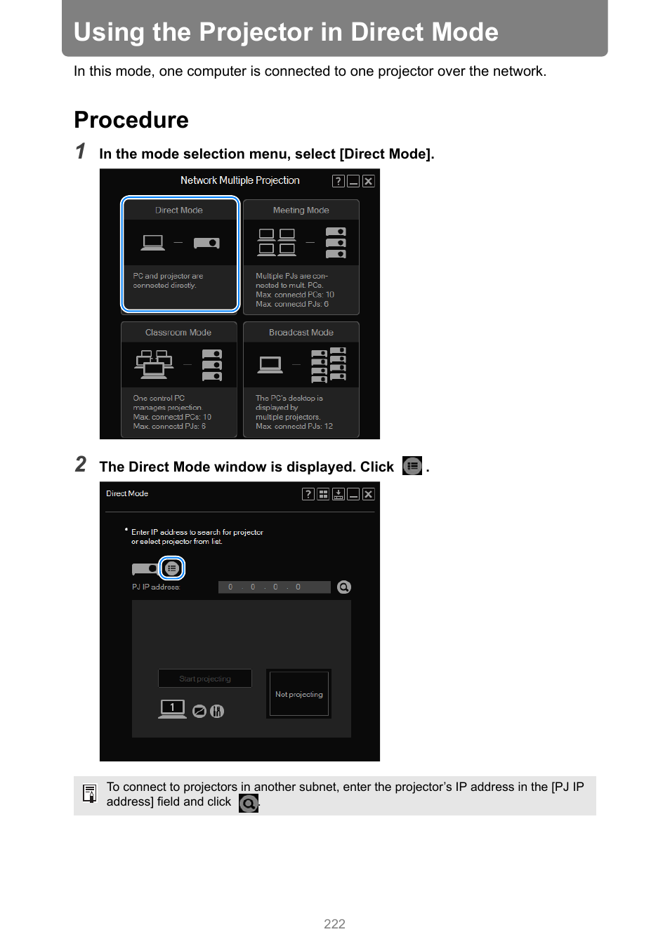 Using the projector in direct mode, Procedure | Canon XEED WUX450 User Manual | Page 222 / 314