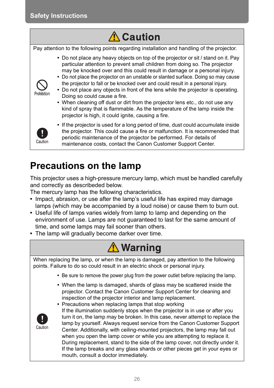 Precautions on the lamp | Canon XEED WUX450 User Manual | Page 26 / 314
