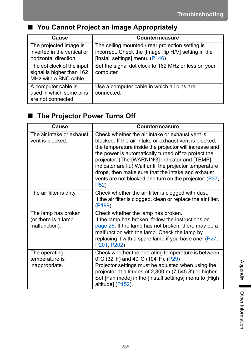 You cannot project an image appropriately, The projector power turns off | Canon XEED WUX450 User Manual | Page 285 / 314