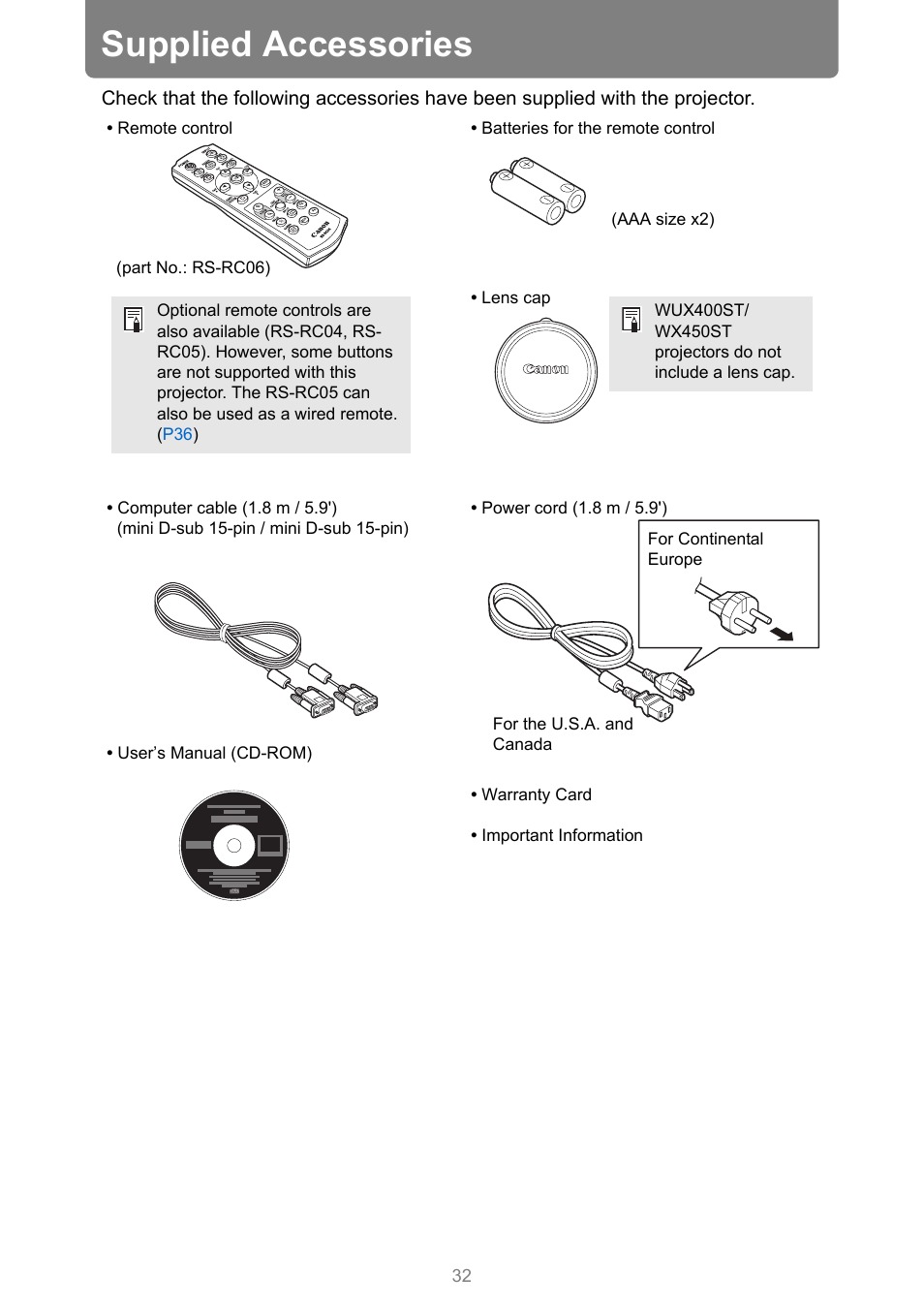Supplied accessories | Canon XEED WUX450 User Manual | Page 32 / 314