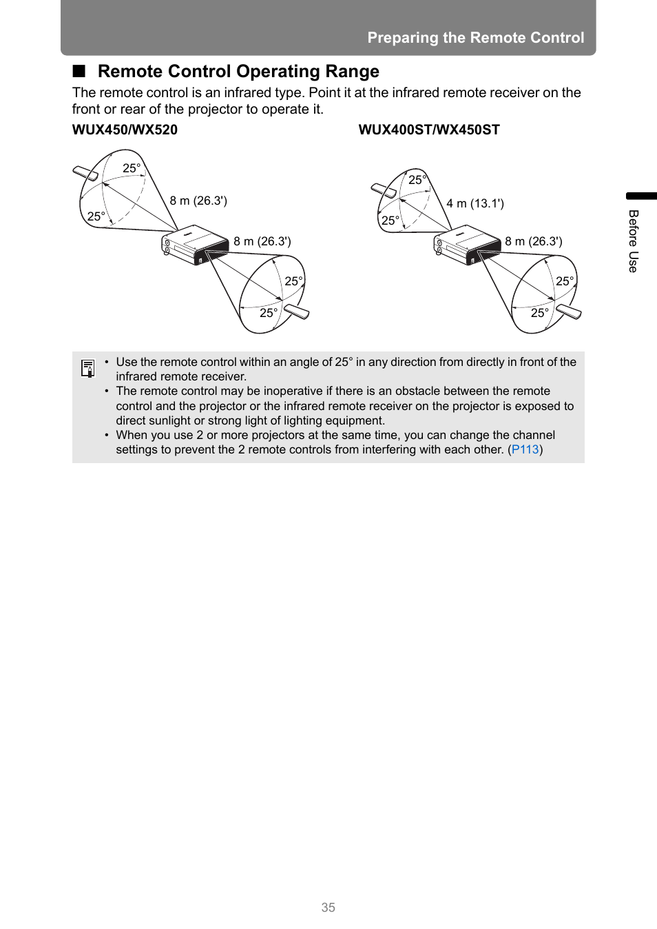 Remote control operating range, Preparing the remote control | Canon XEED WUX450 User Manual | Page 35 / 314