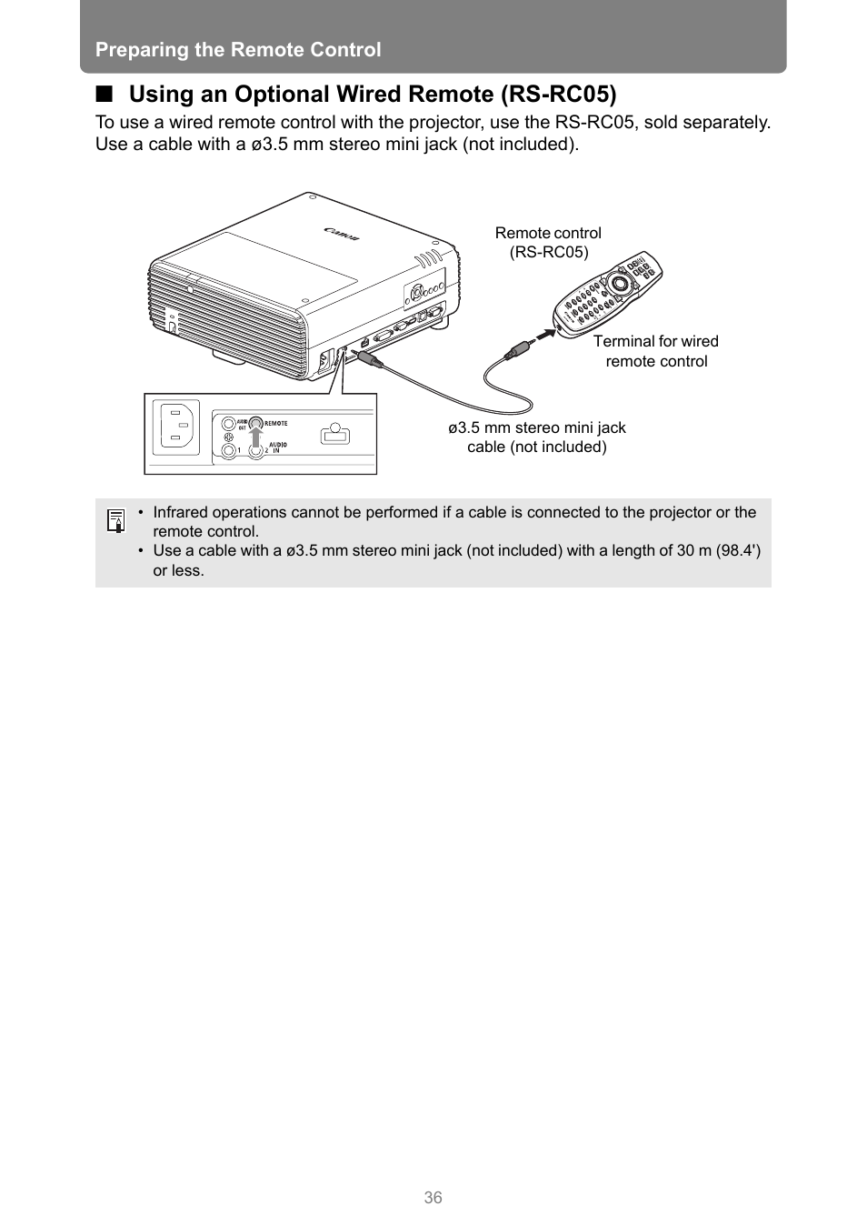 Using an optional wired remote (rs-rc05), Preparing the remote control | Canon XEED WUX450 User Manual | Page 36 / 314