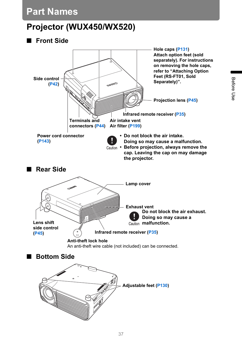 Part names, Projector (wux450/wx520), Front side | Rear side, Bottom side, Front side ■ rear side ■ bottom side | Canon XEED WUX450 User Manual | Page 37 / 314