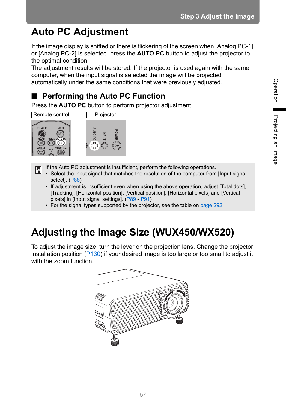 Auto pc adjustment, Performing the auto pc function, Adjusting the image size (wux450/wx520) | Optical zoom, O pc button | Canon XEED WUX450 User Manual | Page 57 / 314