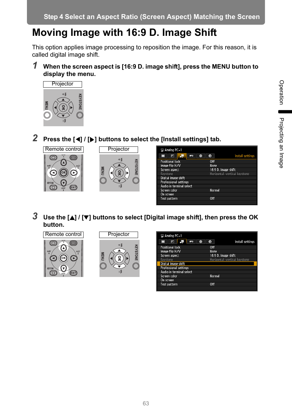 Moving image with 16:9 d. image shift | Canon XEED WUX450 User Manual | Page 63 / 314